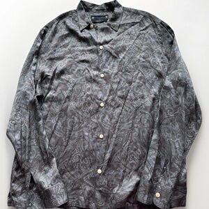 All Saints Shirt Men XL Relaxed Fit Gray Paisley Loop Collar Viscose Nidaros